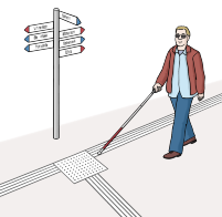 Blinder Mann geht mit seinem Taststock weiße Linien mit Rillen entlang